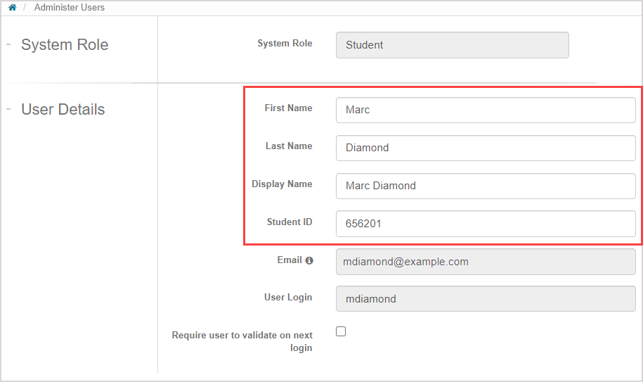 Only the "First Name", "Last Name", "Display Name", "Student ID", and custom fields are the only editable fields in the User Details pane.